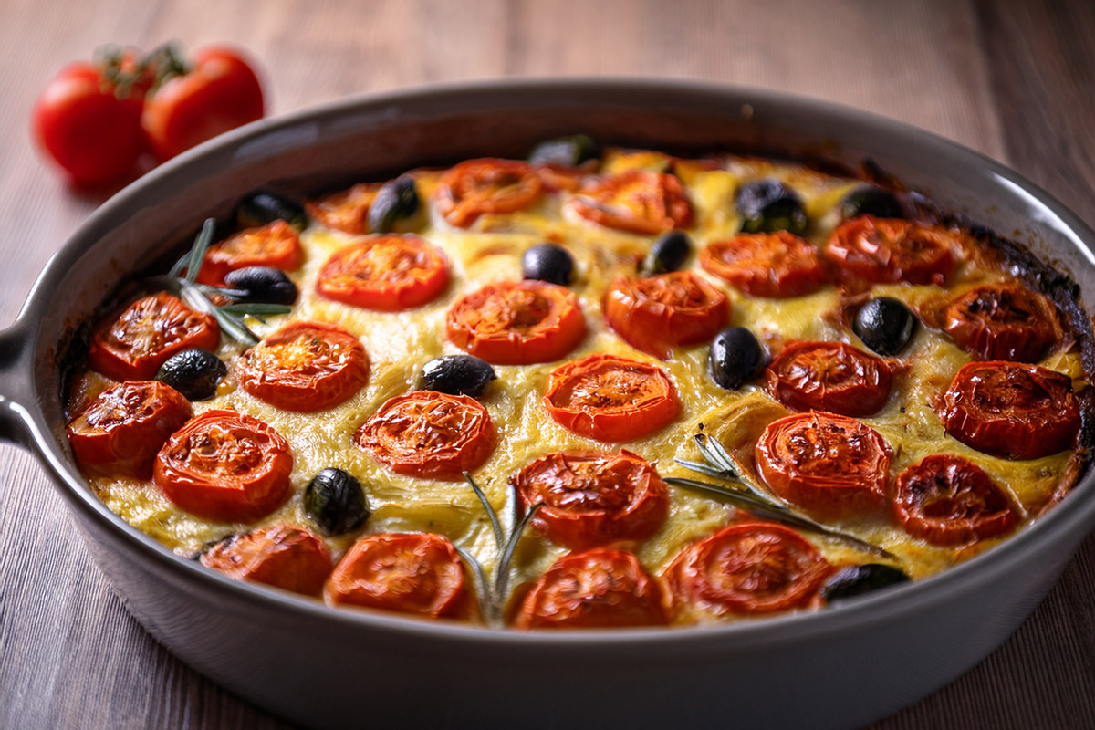 Tomato, Olive and Leek Bake